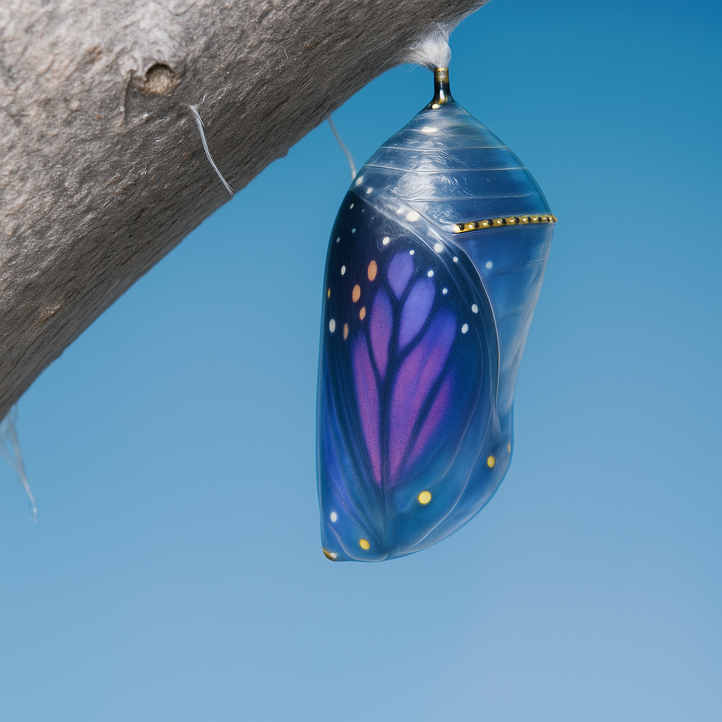 A blue and purple monarch chrysalis hanging from a tree branch against a sky background
