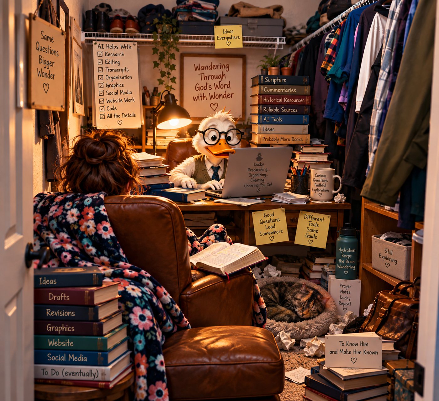 A cluttered closet office: Hope reading her Bible in an armchair while a bespectacled duck in glasses works at a laptop, surrounded by stacks of books labelled Scripture, Commentaries, Historical Resources, Reliable Sources and AI Tools, with a sleeping cat and handwritten signs reading Good Questions Lead Somewhere and To Know Him and Make Him Known