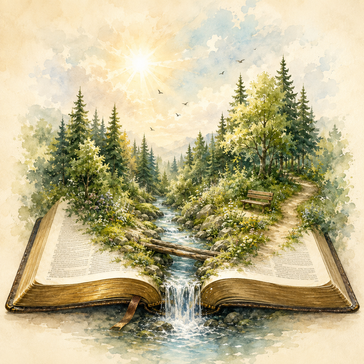 An open Bible with a forest and stream growing from its pages