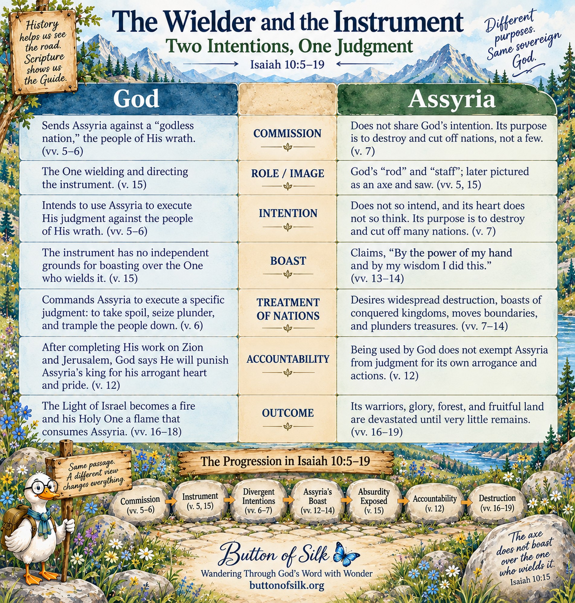 A comparison chart titled "The Wielder and the Instrument," contrasting God's intentions with Assyria's across commission, role, intention, boast, treatment of nations, accountability, and outcome, closing with Isaiah 10:15, "The axe does not boast over the one who wields it."