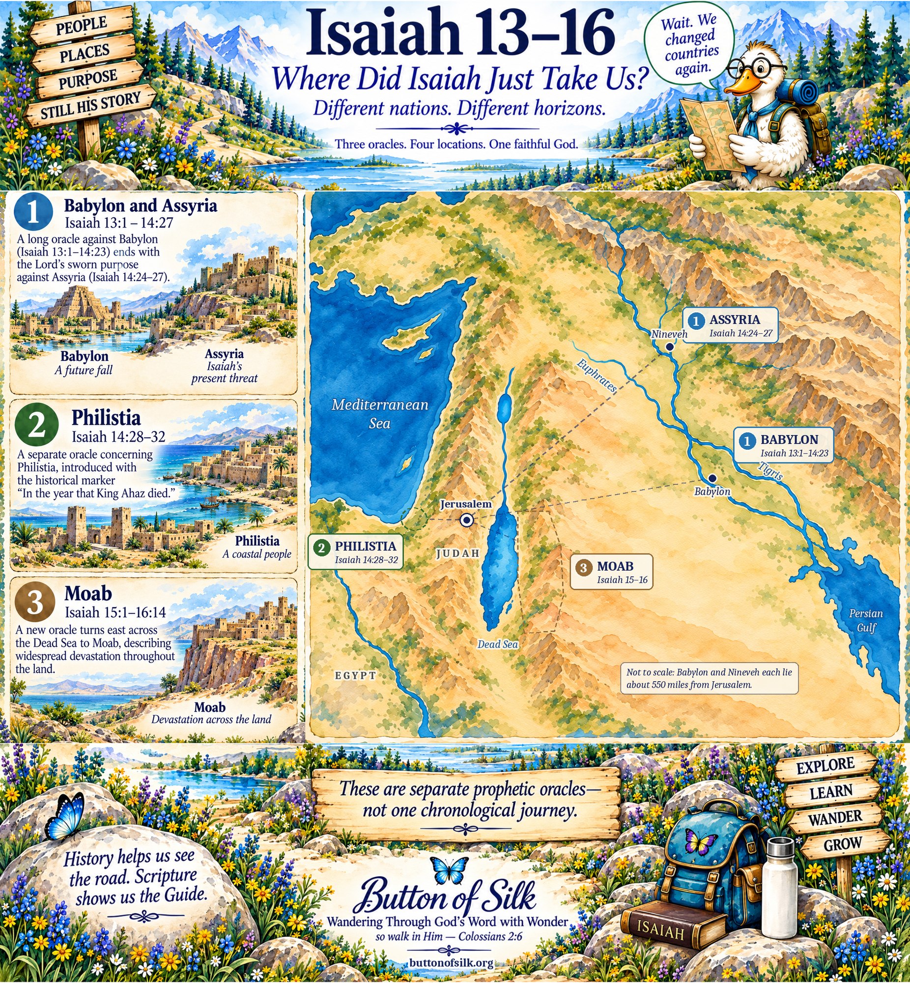 'A map titled "Isaiah 13-16: Where Did Isaiah Just Take Us?" showing three separate oracles in this section — against Babylon/Assyria, against Philistia, and against Moab.'