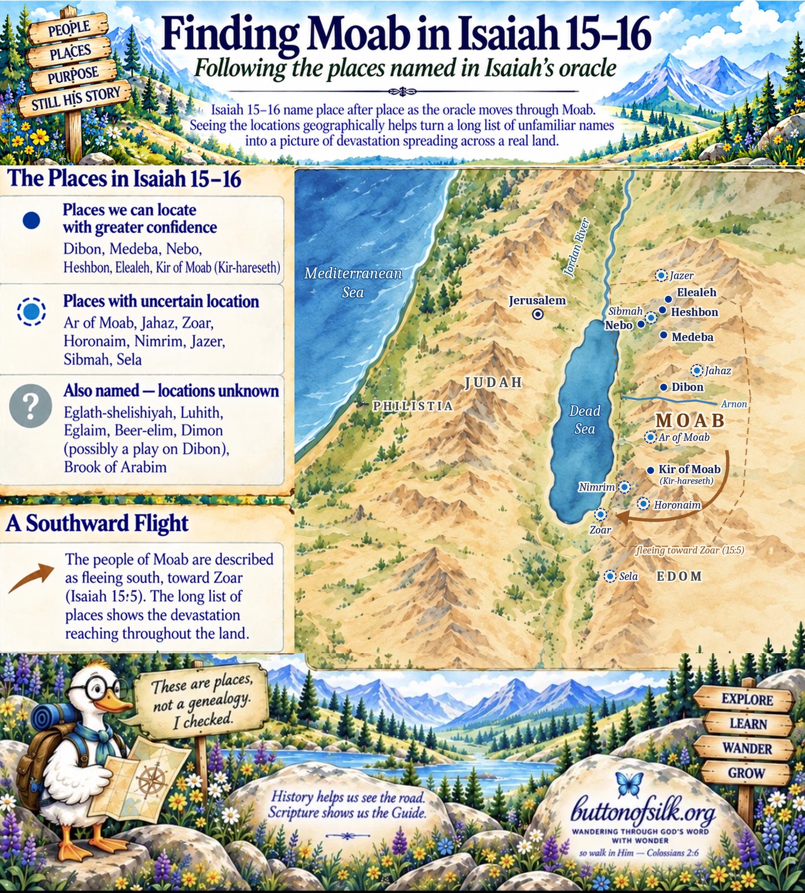 A detailed map titled "Finding Moab in Isaiah 15-16," showing place names by confidence level and the flight south to Zoar.
