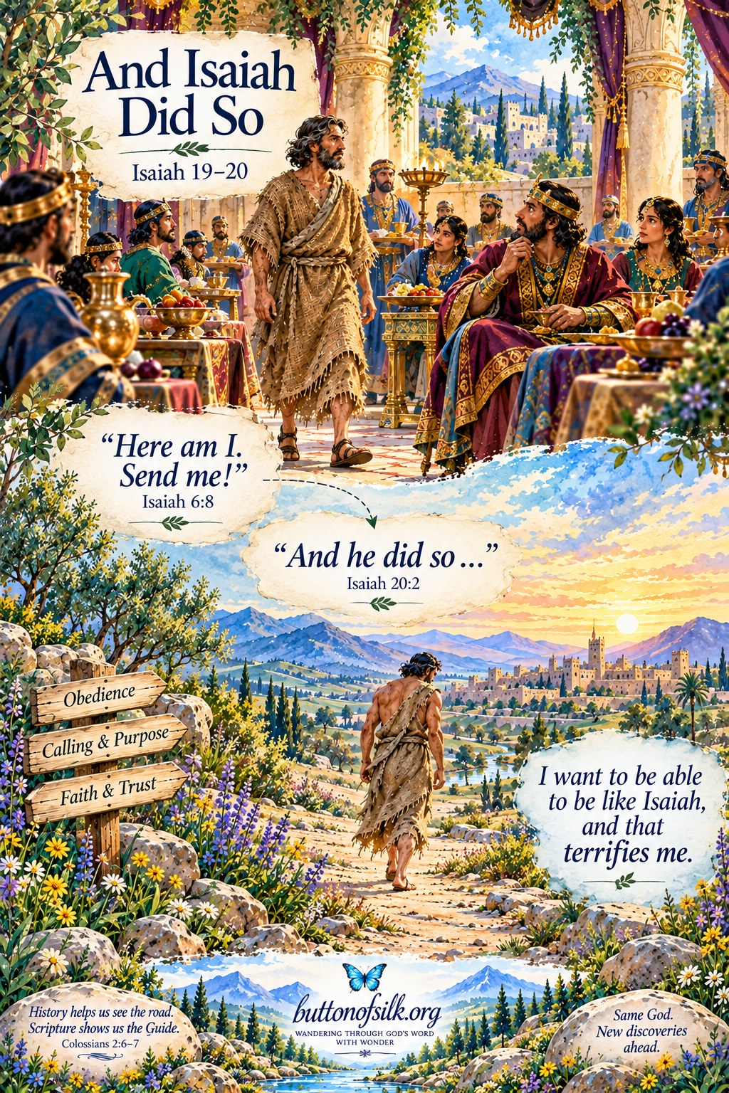 A watercolor scene titled "And Isaiah Did So," showing Isaiah walking out of a royal court, then walking a distant road toward a sunset city — paired with "Here am I, send me" (Isaiah 6:8) and "And he did so" (Isaiah 20:2).