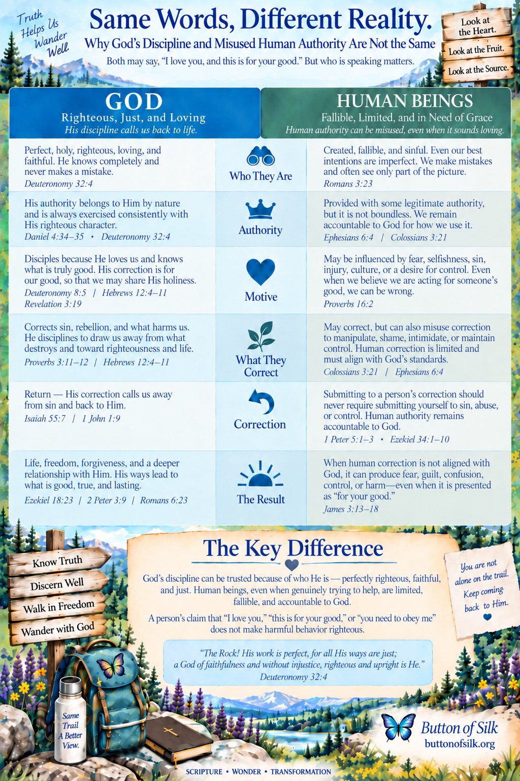 A comparison chart titled "Same Words, Different Reality," contrasting God's righteous, life-giving discipline with the ways human authority can be misused even when it sounds loving, closing with Deuteronomy 32:4: "The Rock! His work is perfect, for all His ways are just."