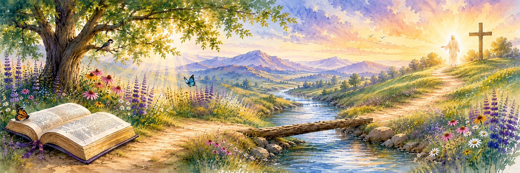 A valley at sunrise: an open Bible, a stream crossed by a log bridge, a path climbing to a cross on the hill